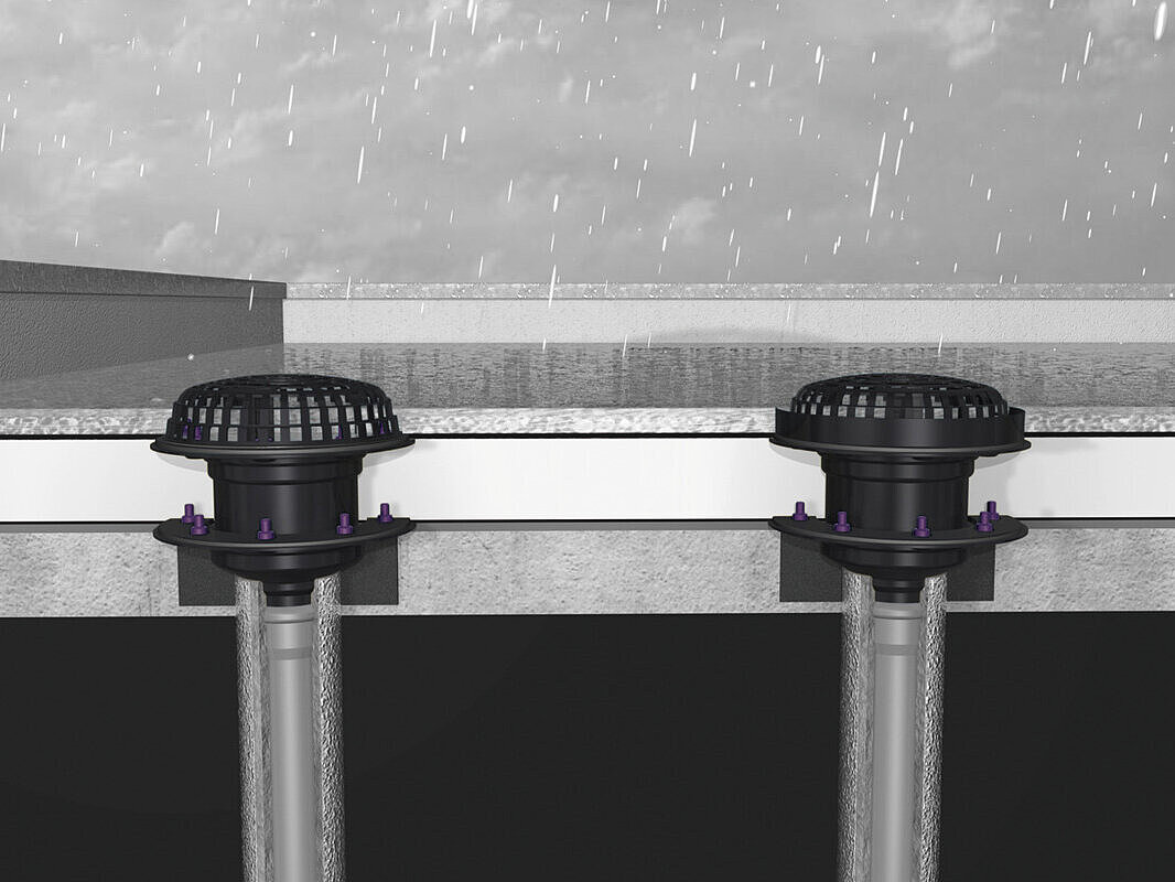 Schéma de montage du siphon de toit plat Ecoguss avec double étanchéité et une bague de retenue à droite